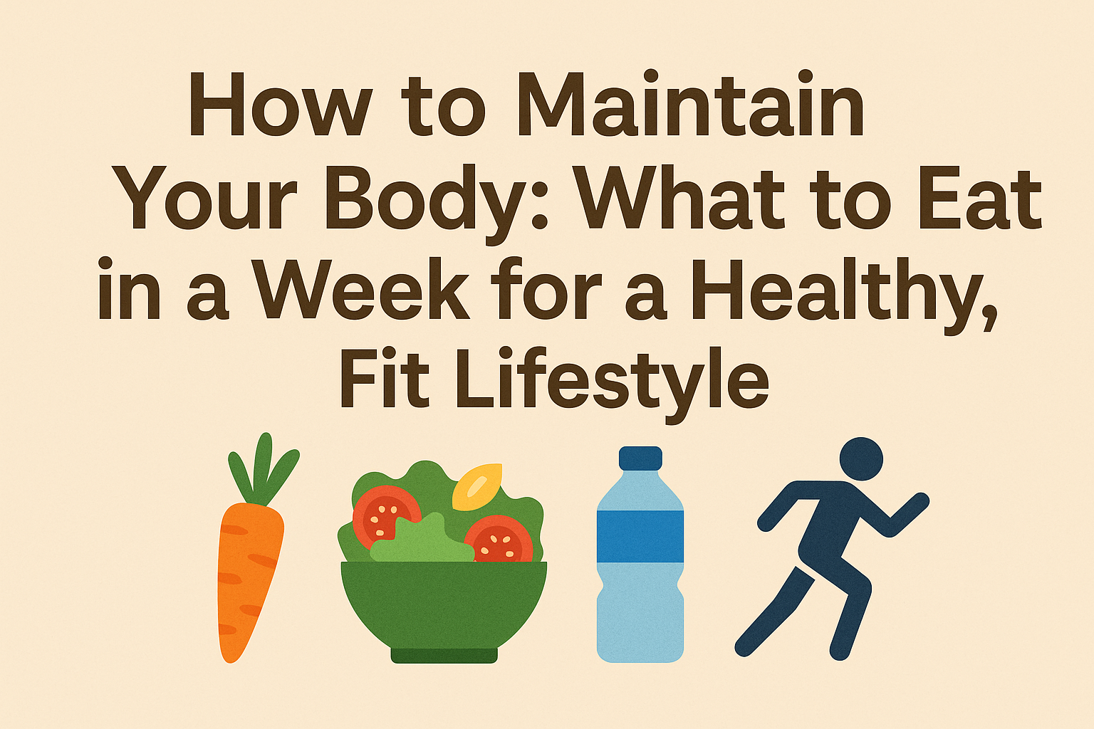 How to Maintain Your Body: What to Eat in a Week for a Healthy, Fit Lifestyle' in bold text, displayed above four flat icons — a carrot, a bowl of salad, a water bottle, and a running figure — representing healthy eating, hydration, and exercise, on a soft beige background