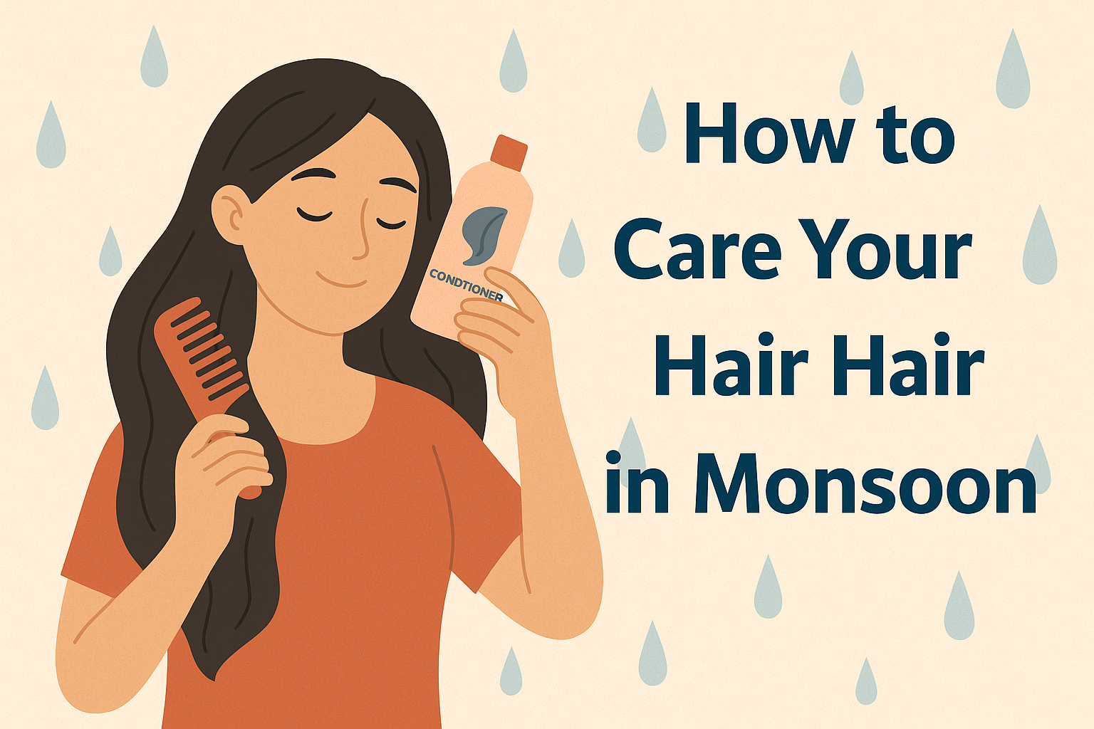 How to Care Your Hair in Monsoon' on a beige background with blue raindrop patterns, surrounded by illustrations of anti-frizz shampoo, conditioner, hair oil, and a wide-tooth comb.