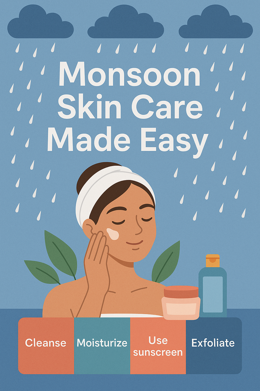 Flat-style illustration of a smiling woman with glowing skin, wearing a towel and headband, applying skincare on her face. The background is blue with rain and clouds. Text says ‘Monsoon Skin Care Made Easy’ with icons and text below showing four steps: Cleanse, Moisturize, Use Sunscreen, Exfoliate.