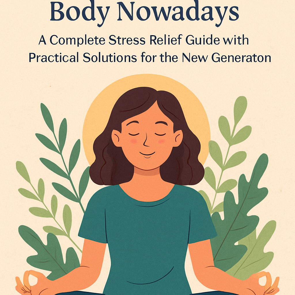 A digital illustration of a calm young woman with wavy brown hair sitting cross-legged in a meditative pose, eyes closed and smiling peacefully, surrounded by green leaves with a warm yellow circle behind her head, and the title text “How to Calm Your Body Nowadays: A Complete Stress Relief Guide with Practical Solutions for the New Generation” above her.