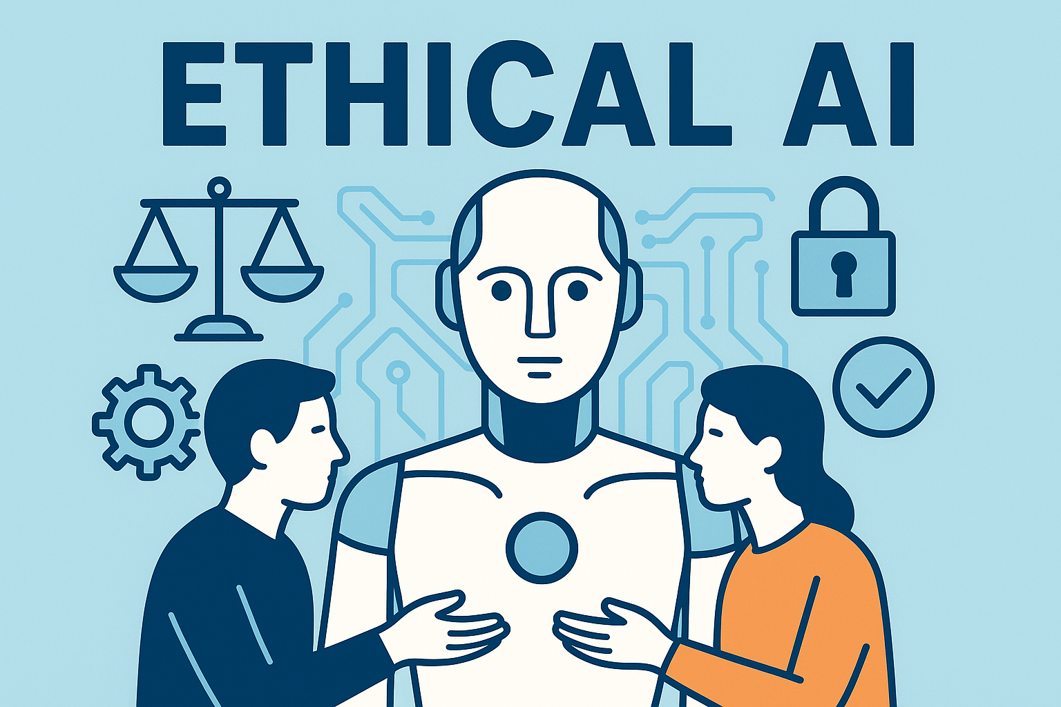 Illustration of Ethical AI showing a humanoid robot between two people, with icons of fairness, security, and technology in the background.