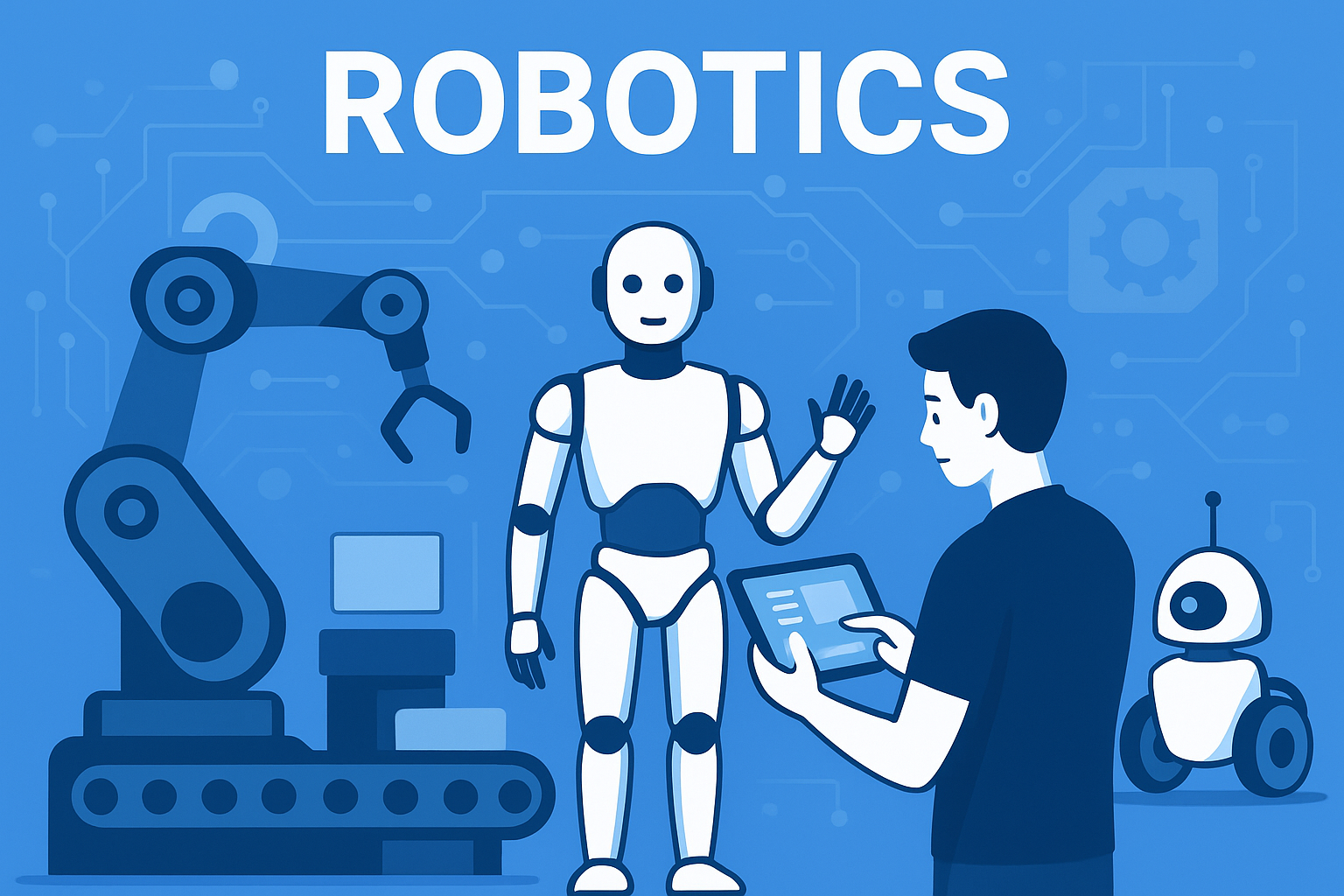 Illustration of robotics featuring a humanoid robot, robotic arm, small wheeled robot, and a human operator using a tablet, with the word "ROBOTICS" displayed above on a blue digital-themed background.