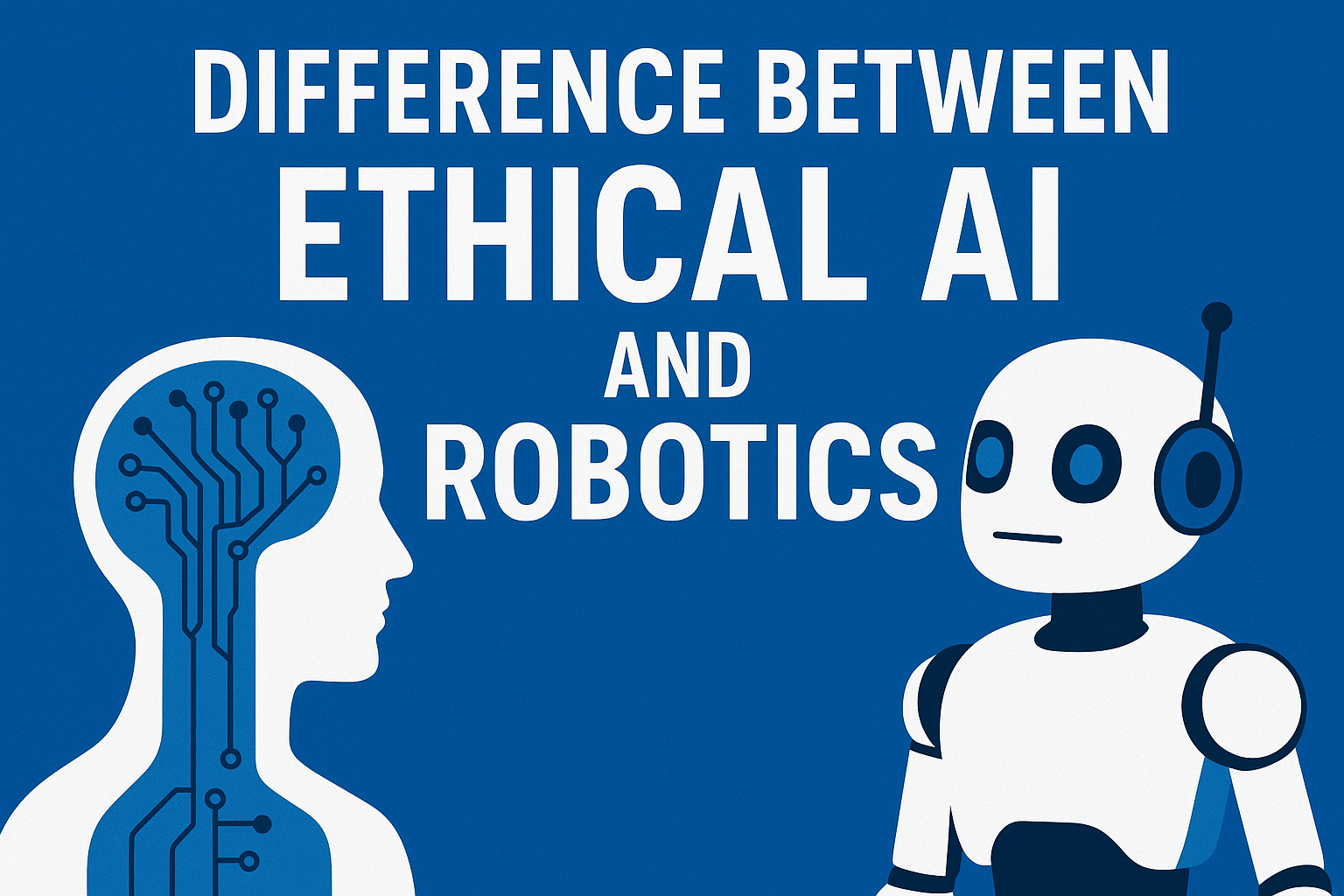 Illustration showing a human silhouette with circuit patterns inside facing a cartoon-style robot, with the text “Difference Between Ethical AI and Robotics” in bold above them on a blue background.