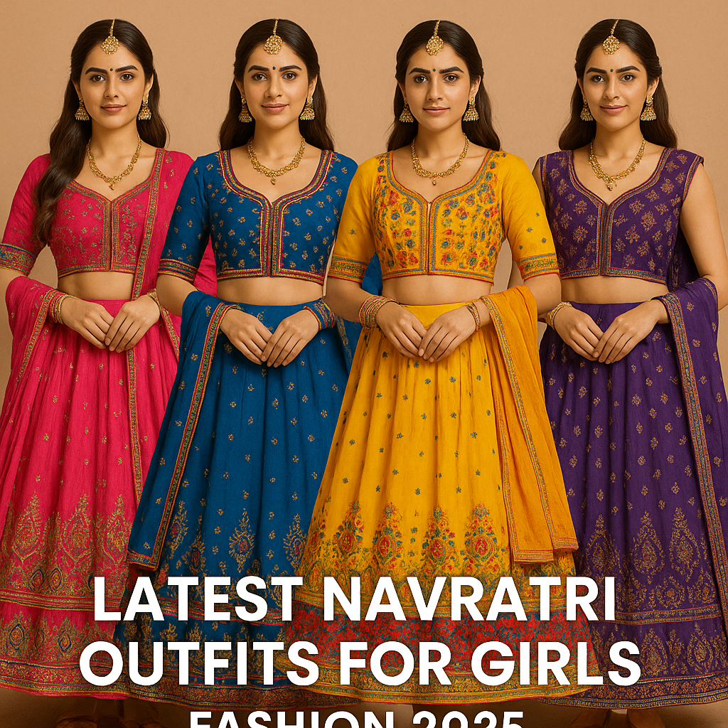 A young Indian woman showcases four traditional Navratri choli looks for 2025, wearing vibrant lehengas in pink, blue, yellow, and purple, each with intricate embroidery and mirror work. She accessorizes with maang tikka, earrings, bangles, and necklaces, standing against a beige backdrop with a festive and elegant appearance.