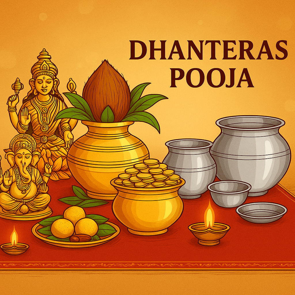 An artistic illustration of Dhanteras Pooja setup featuring idols of Goddess Lakshmi and Lord Ganesha, a golden Kalash with coconut leaves, silver utensils, gold coins, traditional sweets, and lit diyas on a decorated red cloth, symbolizing wealth and prosperity.