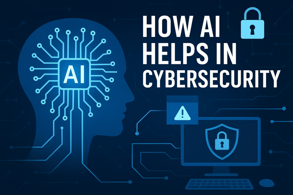 Illustration of AI in cybersecurity showing a human head with circuit patterns, a computer screen with a shield and lock icon, and the text “How AI Helps in Cybersecurity.”