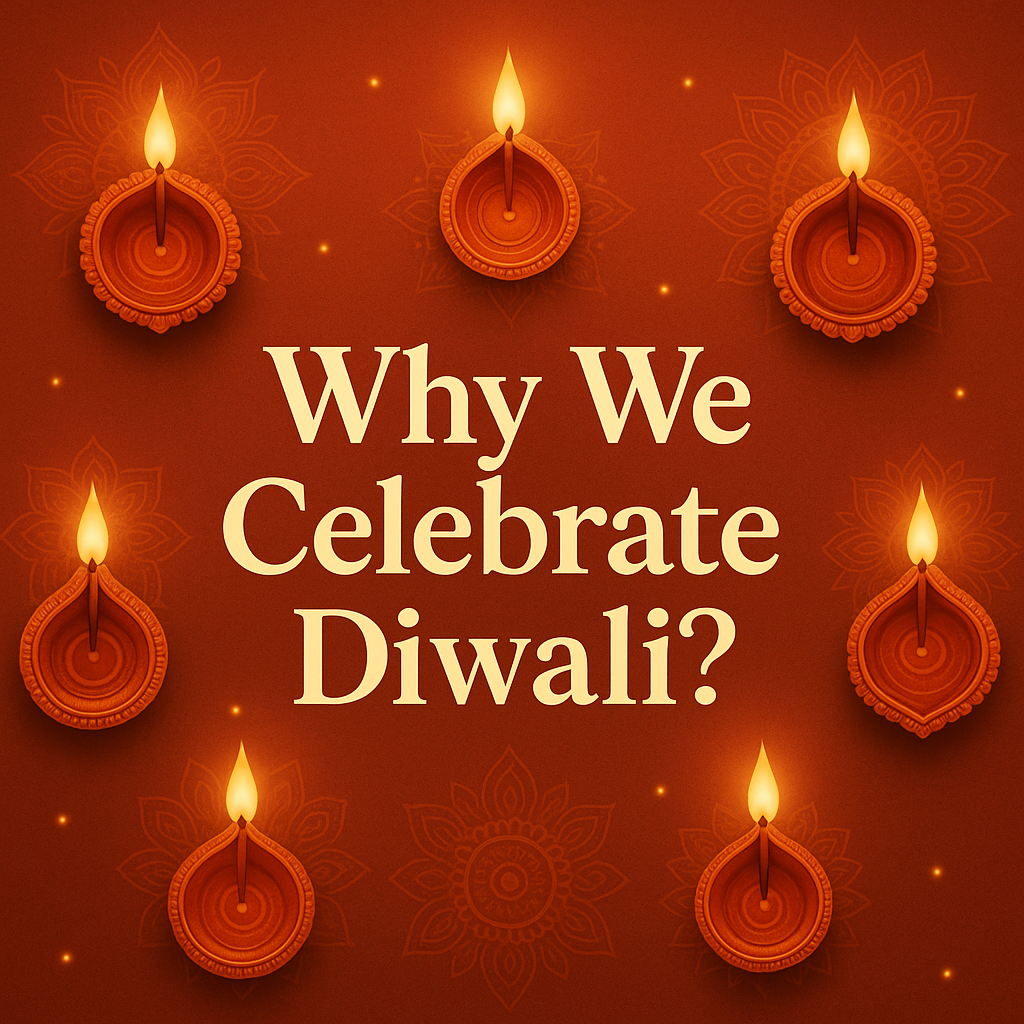 Illustration showing a traditional clay diya (lamp) with a glowing flame, surrounded by rangoli flower patterns on a deep purple background, with the text “Why We Celebrate Diwali?” written in elegant cream-colored font.