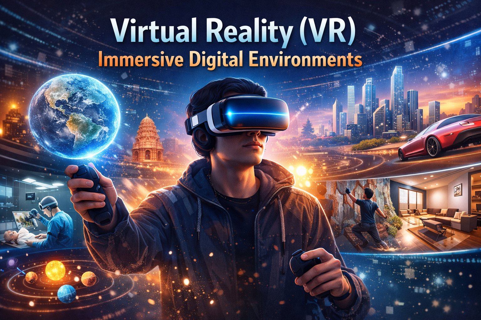 Virtual reality user wearing a VR headset exploring immersive digital environments including gaming, healthcare, real estate, and futuristic technology.