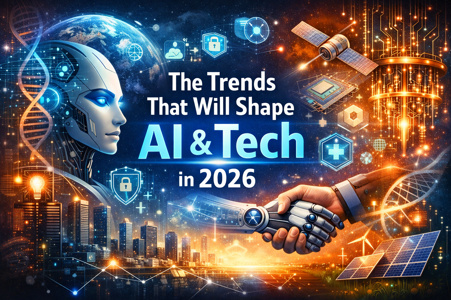 Futuristic illustration showing AI technology, digital networks, smart cities, and human-AI collaboration representing the trends that will shape AI and tech in 2026.