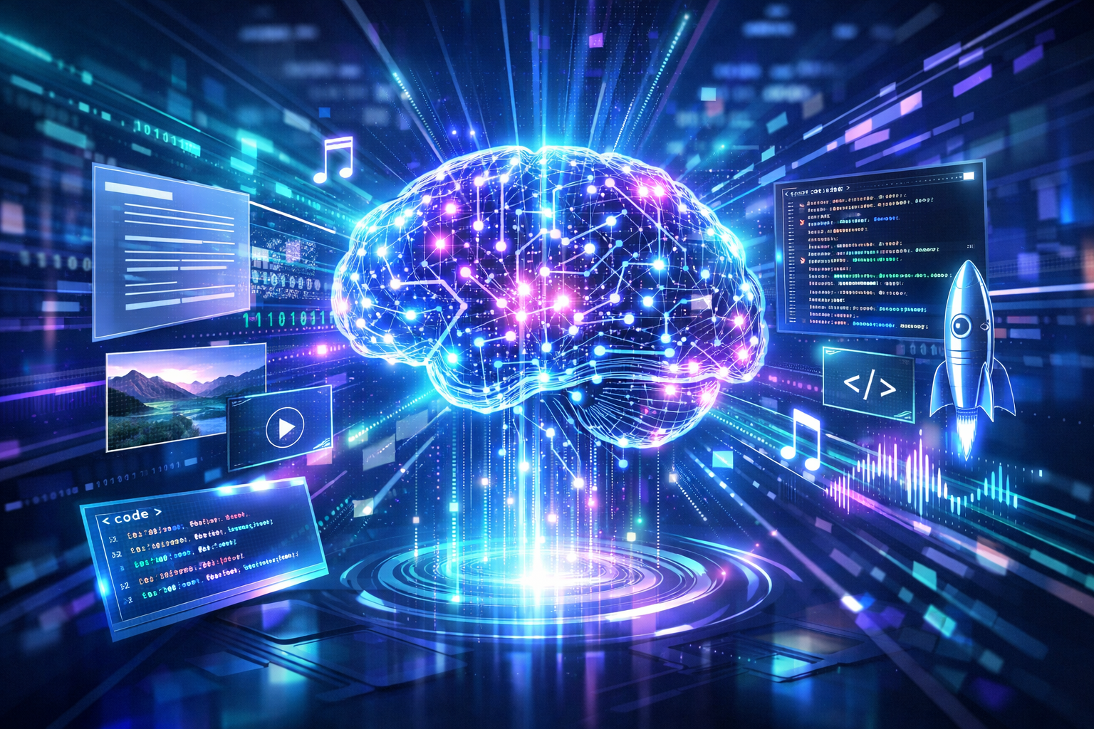 Generative AI technology creating text, images, code, and digital content using artificial intelligence