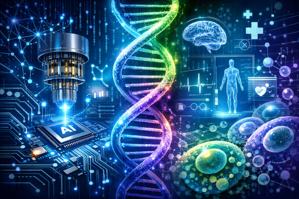 Next-Generation Computing & Bioengineering concept showing AI, quantum computing, and human DNA integration