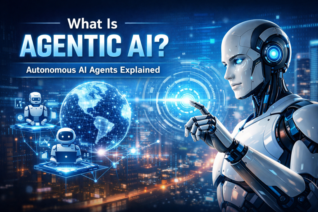 Futuristic illustration showing agentic AI and autonomous AI agents interacting with digital interfaces, representing intelligent decision-making and autonomous systems.