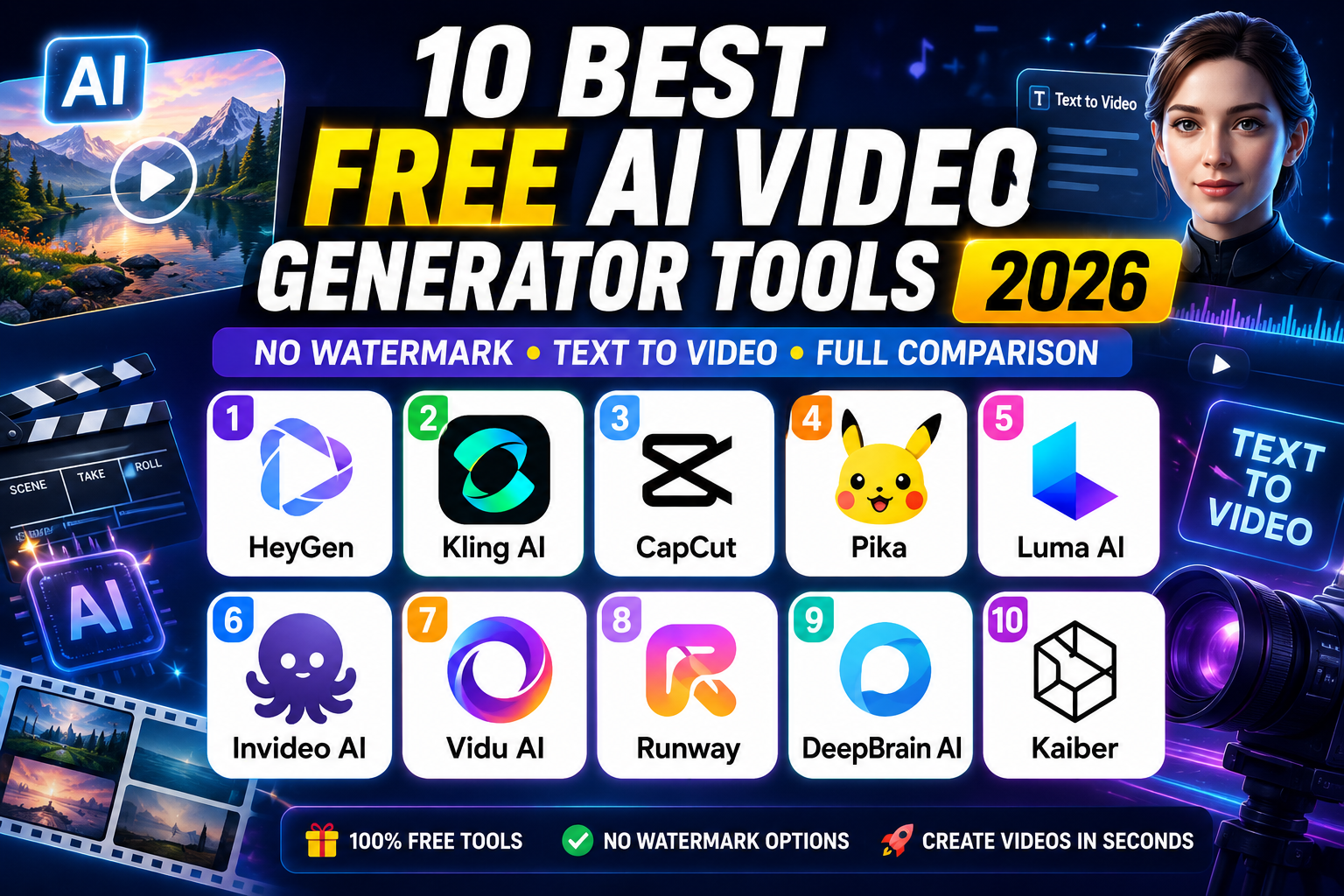 best free AI video generator tool 2026 — top 10 tools comparison including HeyGen Kling AI Pika CapCut Runway
